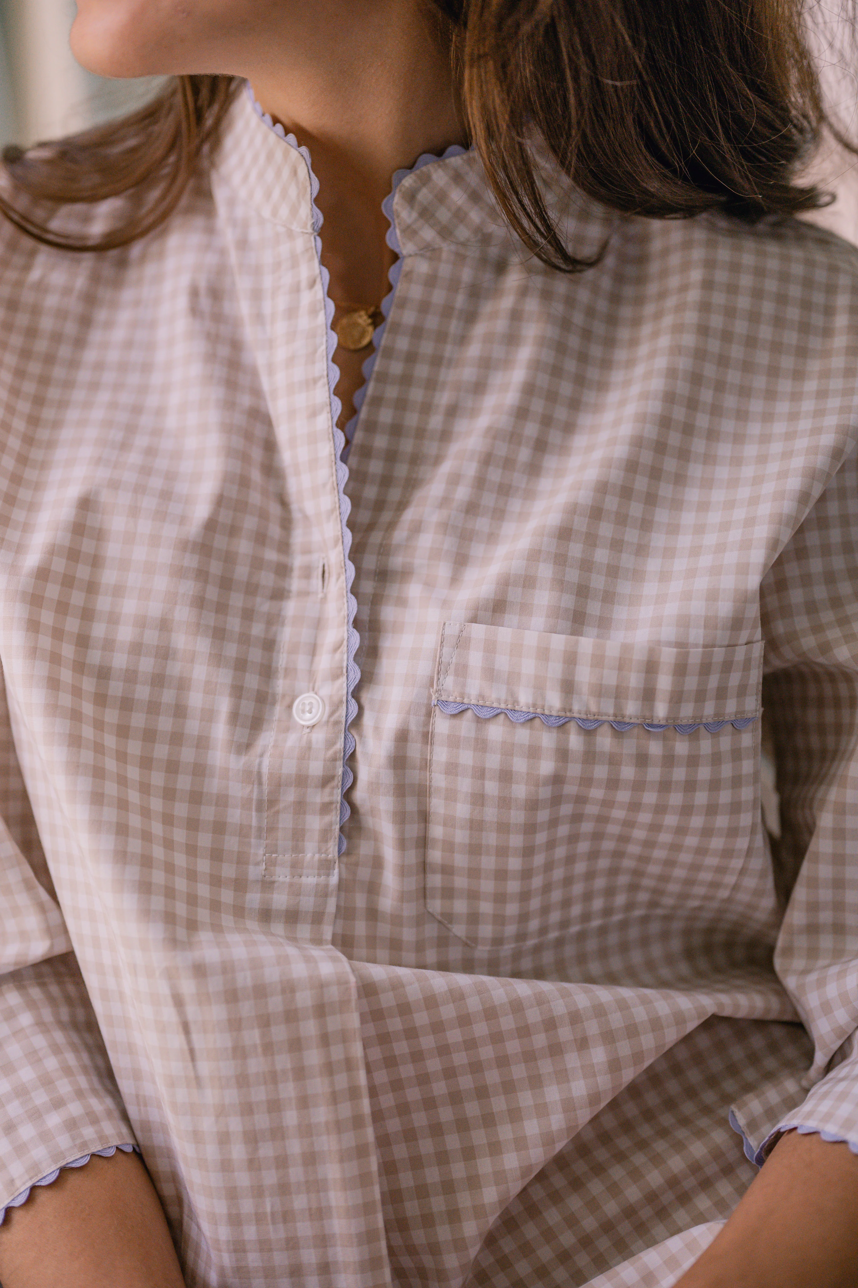 GINGHAM COTTON NIGHTSHIRT WITH RIC RAC TRIM - Image 27
