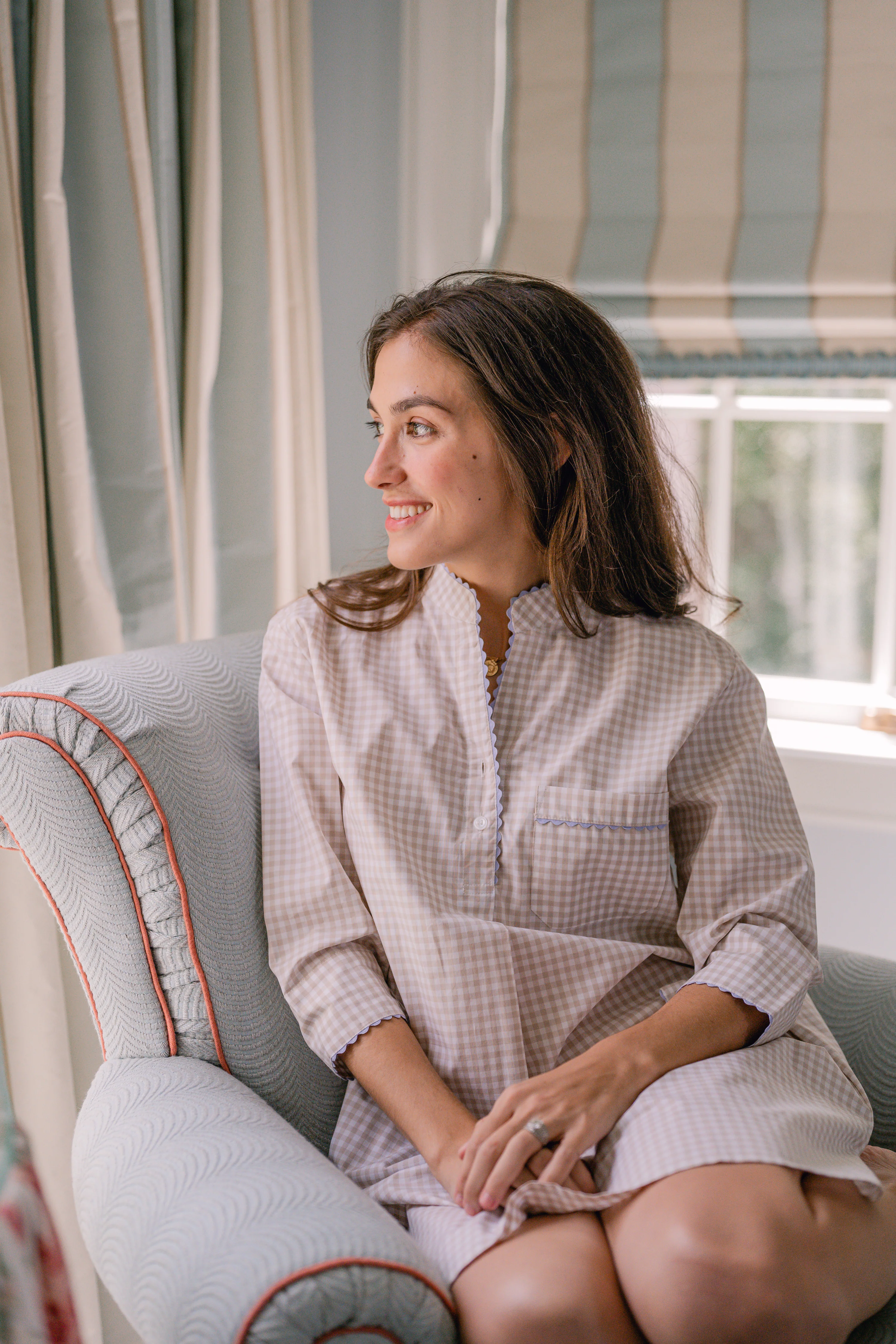 GINGHAM COTTON NIGHTSHIRT WITH RIC RAC TRIM - Image 28