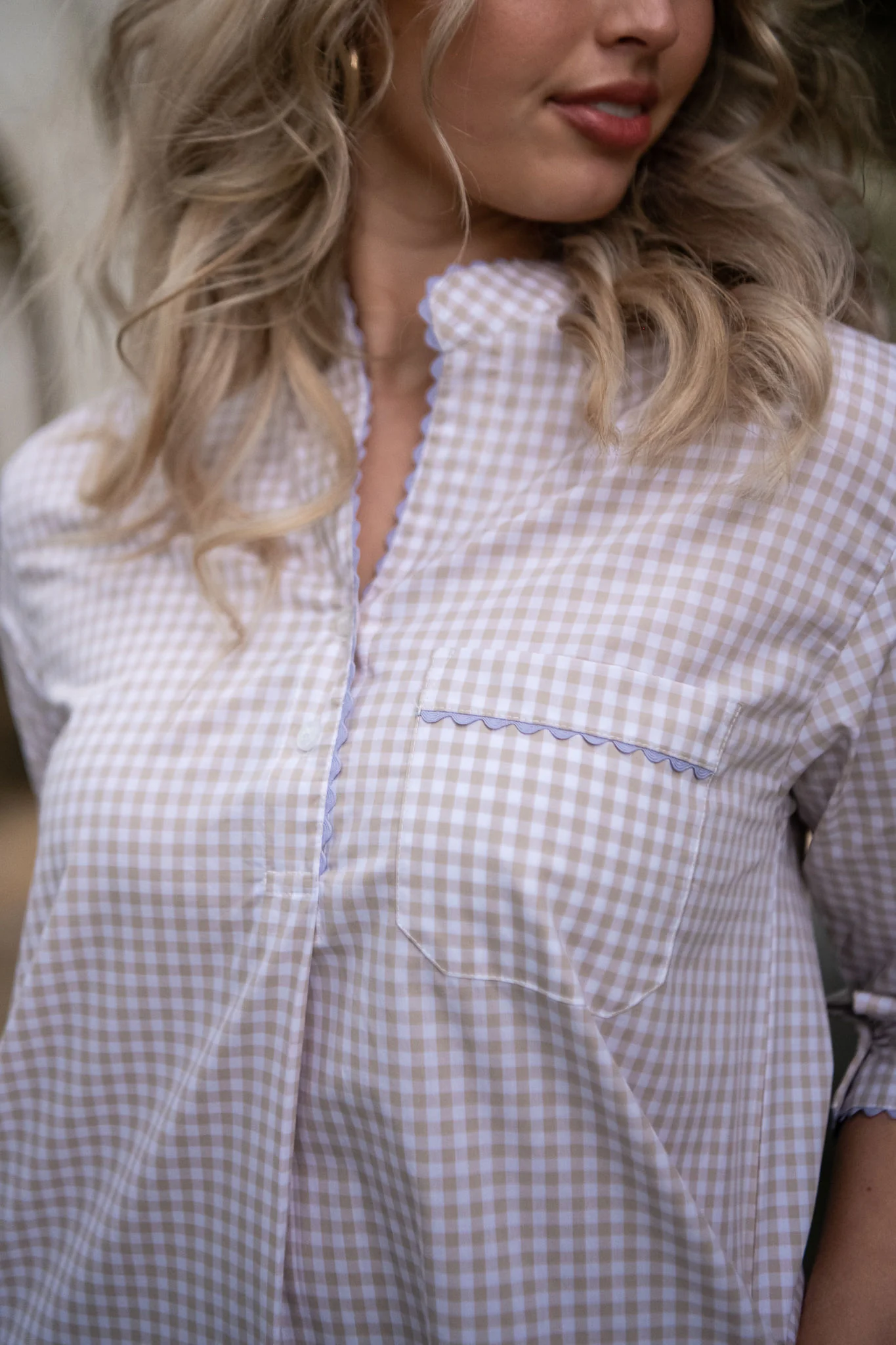 GINGHAM COTTON NIGHTSHIRT WITH RIC RAC TRIM - Image 9